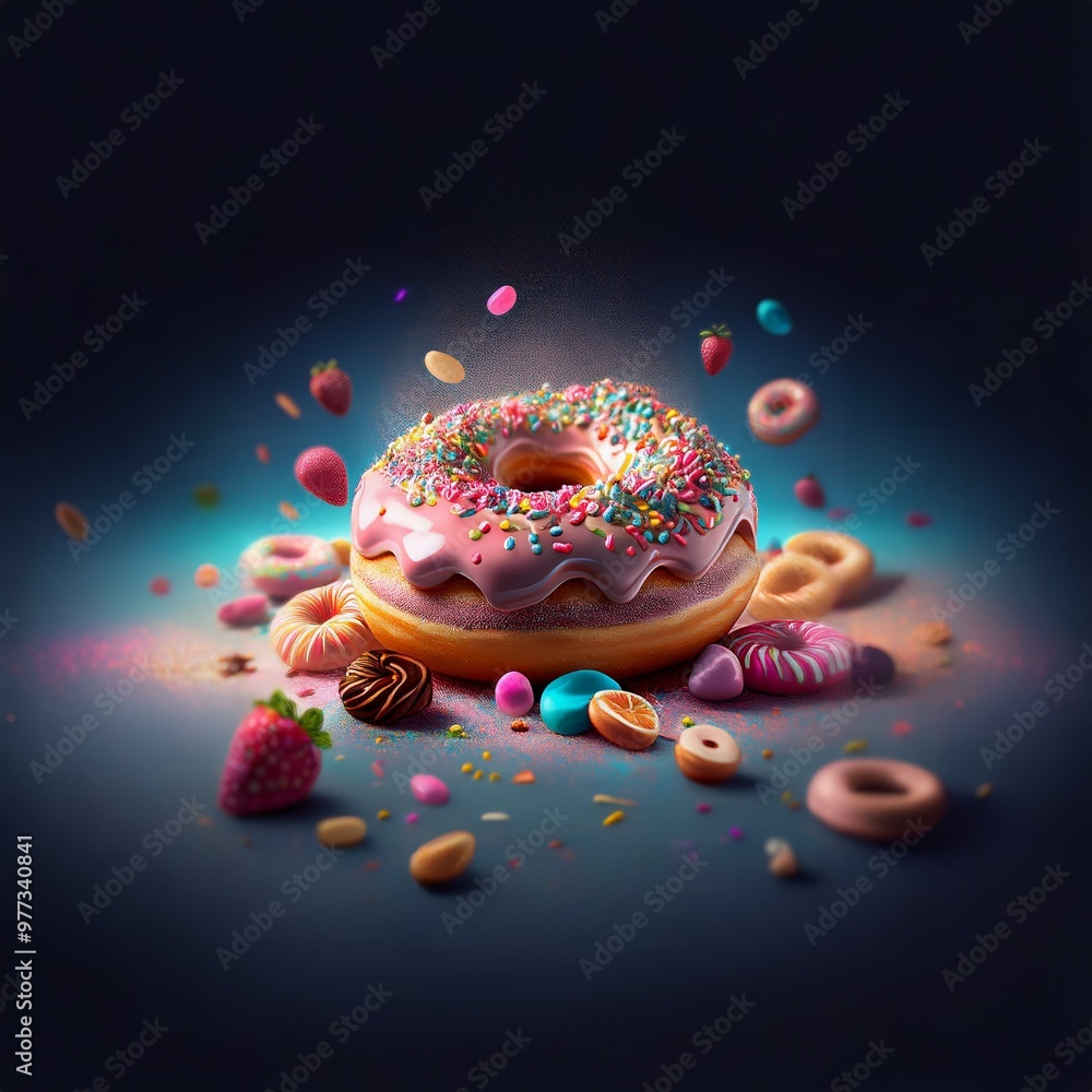 Poster a frosted donut with sprinkles is surrounded by various colorful candies and pastries against a dark