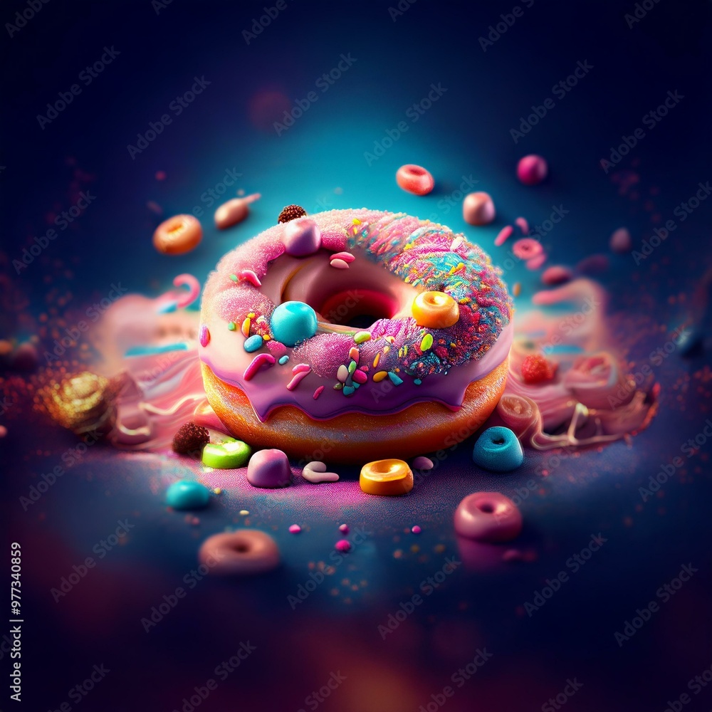 Poster a colorful donut with sprinkles, frosting, and candy on top. it's surrounded by a blue background wi