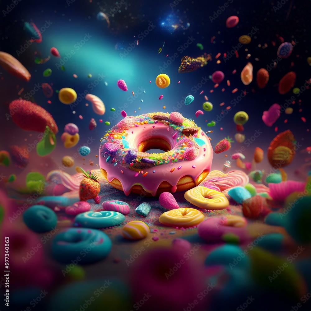 Poster a pink glazed donut with sprinkles is surrounded by colorful, abstract shapes and a strawberry.