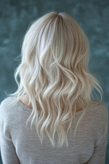 Naklejka premium Back view of a woman with wavy, platinum blonde hair, wearing a light gray sweater, standing against a textured teal background.