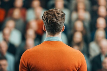 Entrepreneur presenting an innovation roadmap, faces of the audience turned away, startup growth, innovation expansion