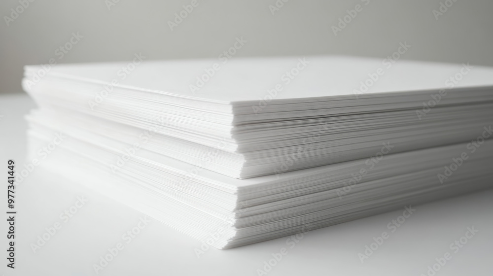 Poster close-up of a stack of clean white paper sheets arranged neatly, highlighting the smooth texture and