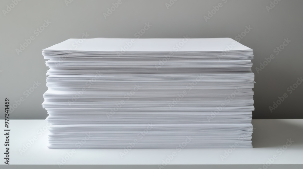 Poster stack of white paper with light gray background on a white table, showcasing neat organization and p
