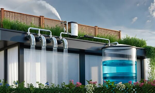 Rainwater Harvesting System on a Modern Eco-Home with Water Filtration and Storage for Reuse. Technology that helps reduce the impact of natural resource exploitation