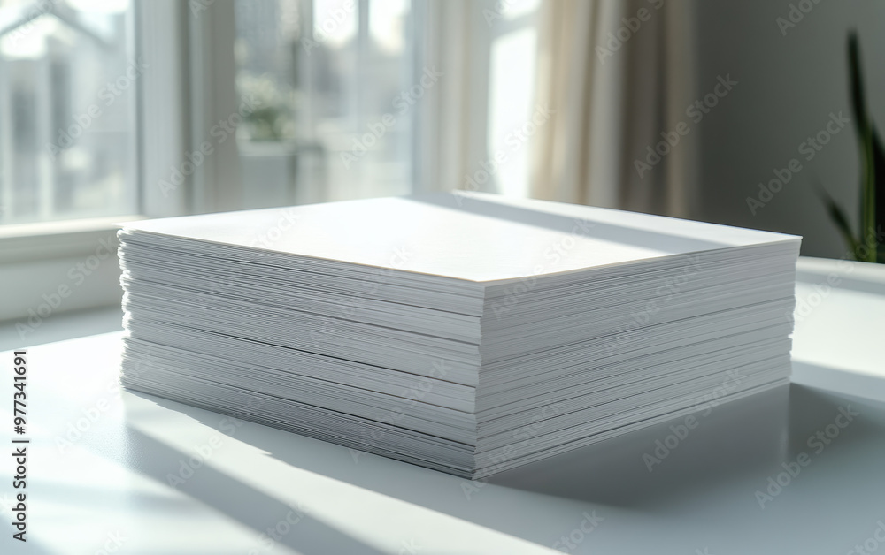 Aufkleber stack of blank white paper sheets on a desk near a window. sunlight streaming in, creating a serene 