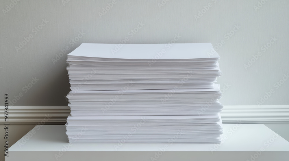 Poster stack of blank white paper sheets neatly arranged on a white surface against a light gray wall with 
