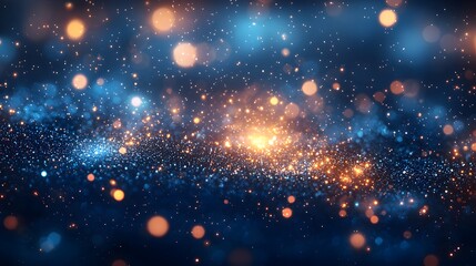 Bright blue bokeh lights and twinkling particles floating in a soft blur, with a glowing 3D texture that adds a sense of magic and celebration. The background captures a dreamy and vibrant mood