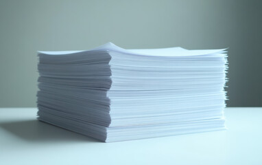Large stack of white printer paper placed on a white surface, showcasing organization, office supplies, and stationary in a minimalist setting.