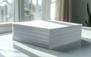 Stack of blank white paper sheets on a desk near a window. Sunlight streaming in, creating a serene and productive atmosphere in the office.