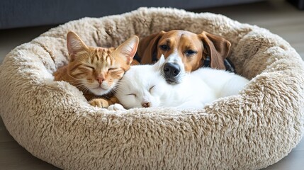 Cat and Dog in a Pet Bed: A cat and dog cuddled up in a plush pet bed, enjoying a peaceful nap.
