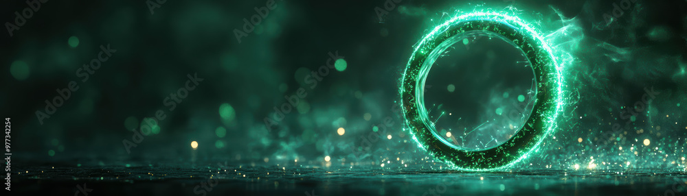 Poster mystical glowing green ring floating in ethereal space, surrounded by sparkles and mist, evoking a s