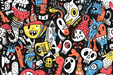 Colorful doodle monsters illustration with playful characters