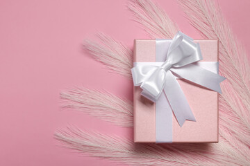 Gift box with bow and feathers on dusty pink background, top view