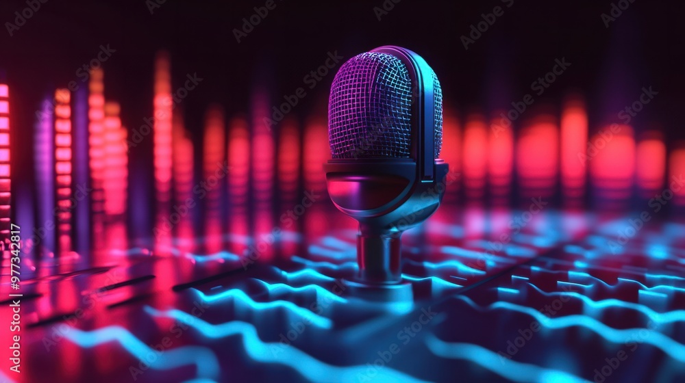 Poster a voice icon with depth and shadow, featuring a microphone surrounded by dynamic sound waves.