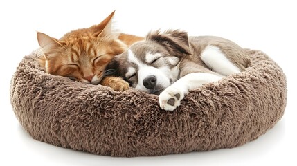 Cat and Dog in a Pet Bed: A cat and dog cuddled up in a plush pet bed, enjoying a peaceful nap.
