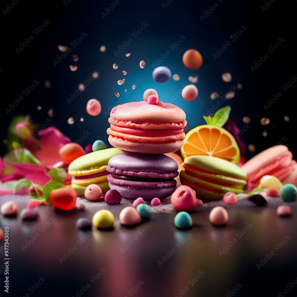 Poster a stack of colorful macarons with a slice of orange, a mint leaf, and other sweets scattered around 