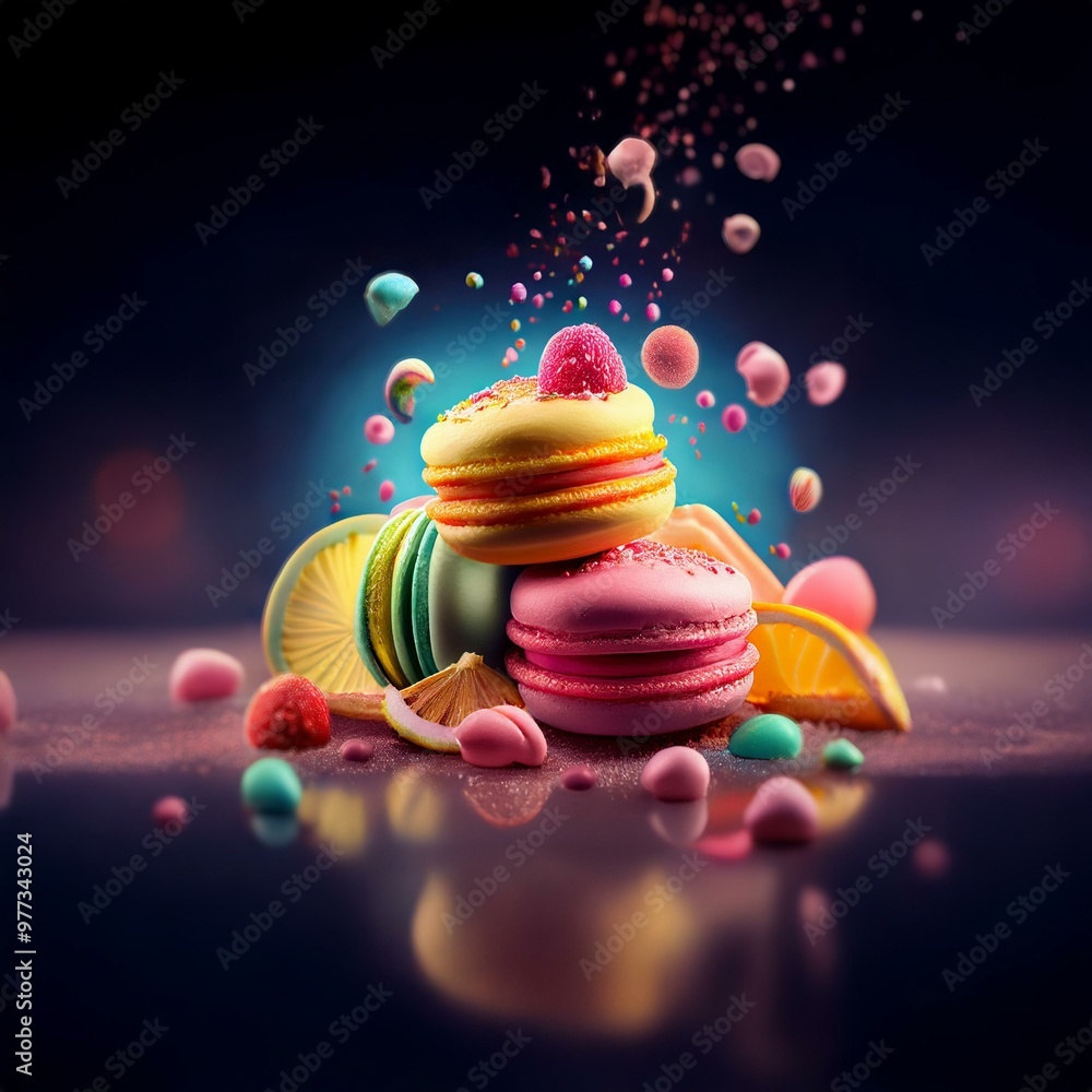 Poster colorful macarons stacked and surrounded by fruit and candy on a dark background.