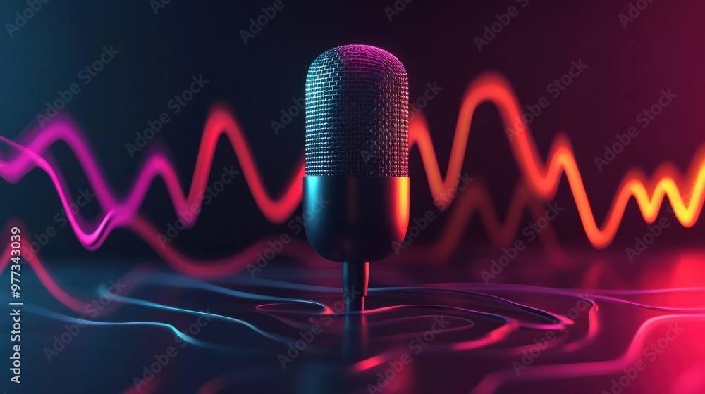 Poster a voice icon with depth and shadow, featuring a microphone surrounded by dynamic sound waves.