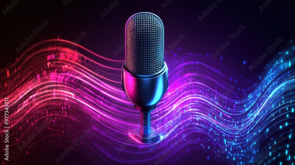 Poster a voice icon with depth and shadow, featuring a microphone surrounded by dynamic sound waves.