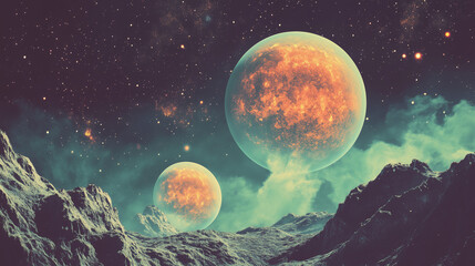  Alien moonscape with stars and planets in the night sky. A fantastical alien landscape under a starry sky, with two moons hovering above jagged, rocky terrain. This science-fiction scene evokes myste