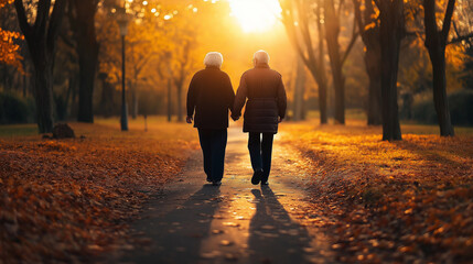 Fototapeta premium An elderly couple walking together on a peaceful park trail with fallen leaves around them 