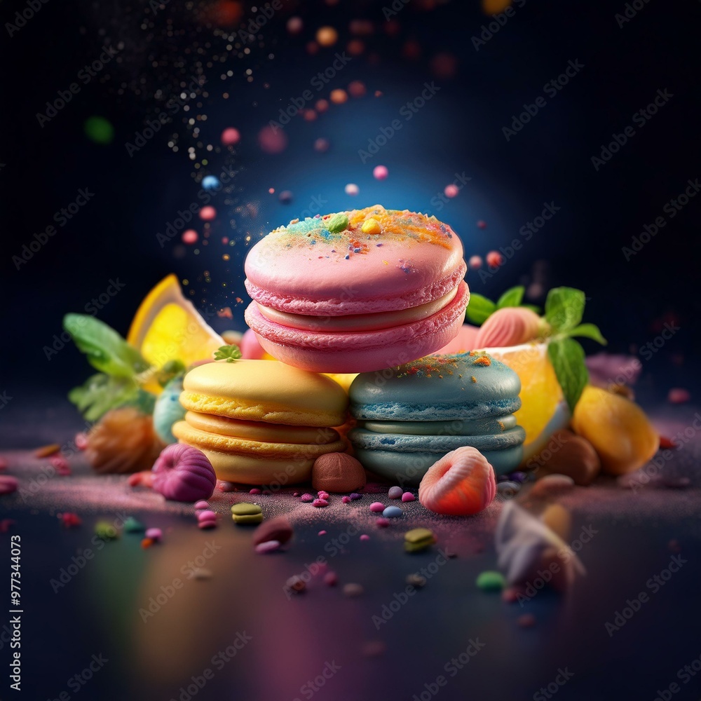 Poster Colorful macarons with sprinkles and candy on a dark background.