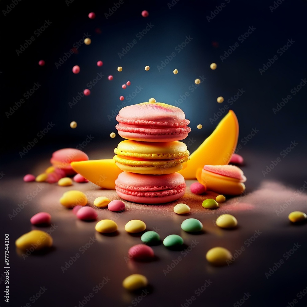 Poster Stack of colorful macarons on a dark surface with a piece of mango and colorful candies scattered around.