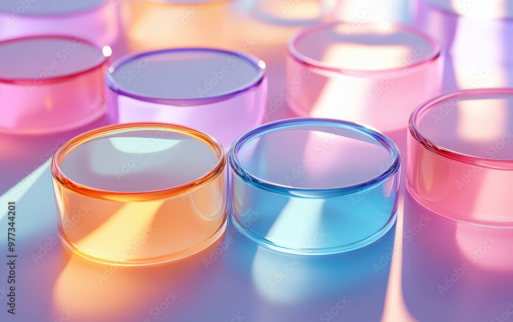 Poster colorful translucent discs arranged in rows, reflecting light with a glossy surface. the vibrant hue