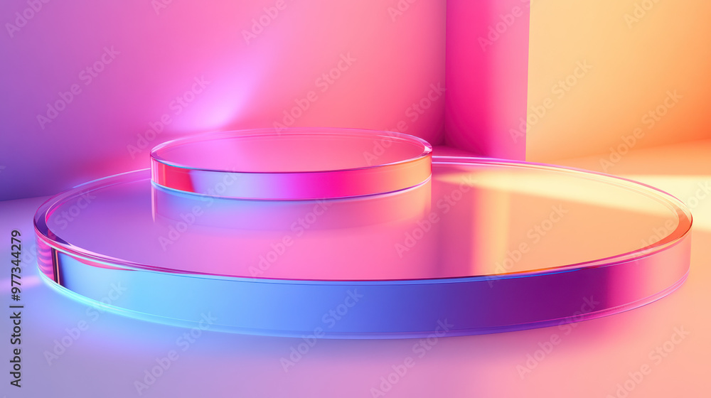 Aufkleber modern abstract pedestal with colorful gradient lights, suitable for product display or background s