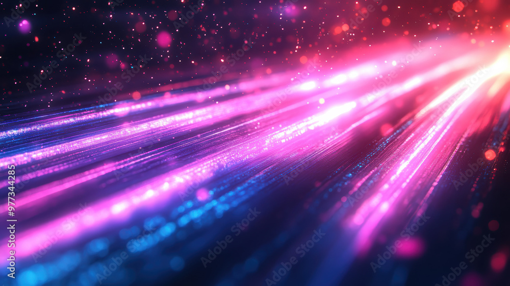 Poster vivid neon light trails creating a dynamic and futuristic background with glowing particles in a cos