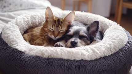 Cat and Dog in a Pet Bed: A cat and dog cuddled up in a plush pet bed, enjoying a peaceful nap.
