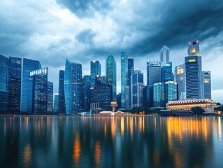 Fototapeta premium A stunning view of a modern city skyline reflecting on calm waters under dramatic clouds at dusk.