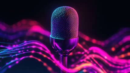 A creative voice icon with a microphone shaped like a speech bubble, emitting colorful sound waves.