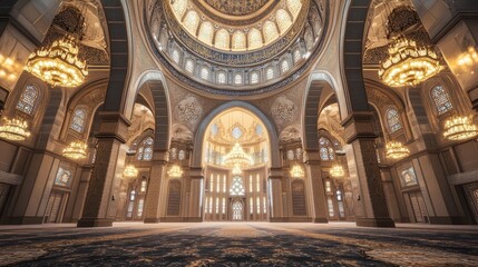 Fototapeta premium Interior View of Mosque with Geometric Patterns, Chandeliers, and Prayer Mats