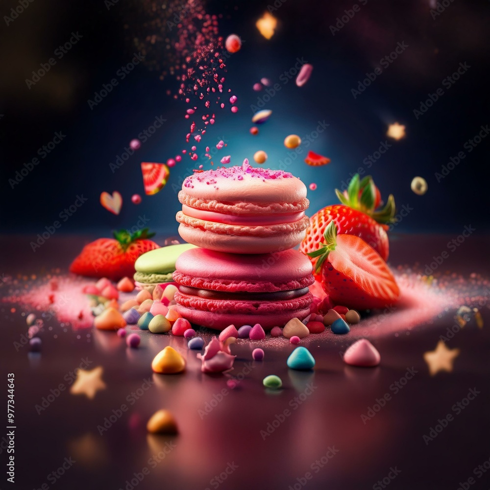 Poster a stack of colorful macarons with chocolate filling, surrounded by strawberries and colorful sprinkl