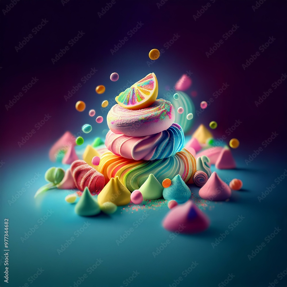 Poster A colorful abstract composition with a lemon slice on top of swirling pastel shapes.