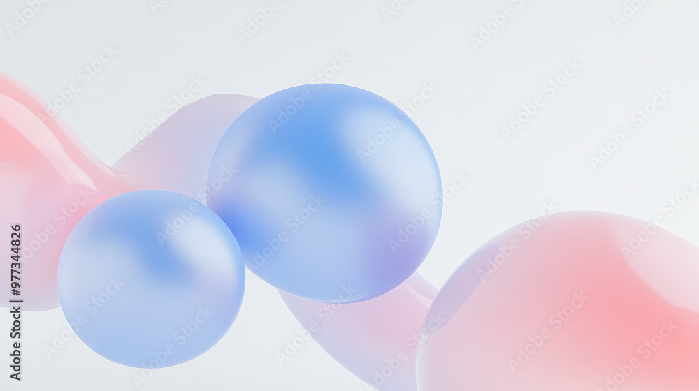 Poster abstract image of floating pastel blue and pink spheres on a light background, creating a dreamy and
