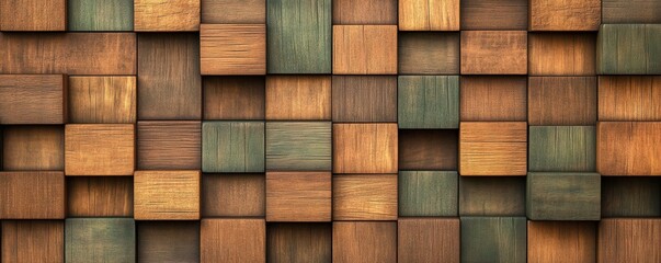 A textured wooden wall featuring a mosaic of colored wooden blocks in natural tones, perfect for interior design backgrounds.