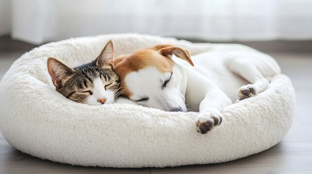 Cat and Dog in a Pet Bed: A cat and dog cuddled up in a plush pet bed, enjoying a peaceful nap.
