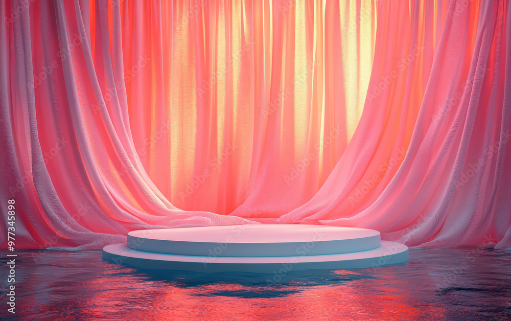 Poster a vibrant stage with flowing pink curtains and a circular platform, reflecting in a glossy surface, 
