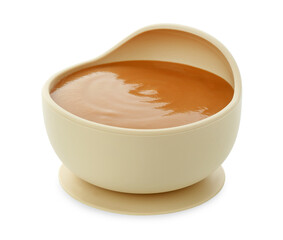 Tasty baby food in bowl isolated on white