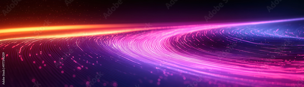 Poster glowing abstract wave of neon lights creates a vibrant, futuristic atmosphere with dynamic movement 