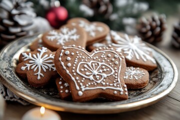 an enchanting close-up of intricately decorated german lebkuchen cookies shaped like hearts and stars, arranged on a plate with winter-themed decorations