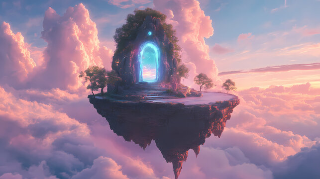 Interdimensional gateway on a floating island in the sky. Interdimensional Gateway. Illustration