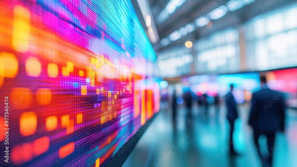 Poster a vibrant digital display in a modern setting, capturing the energy and movement of technology at a 