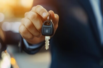 Businessman giving a car key. Getting new car concept.	