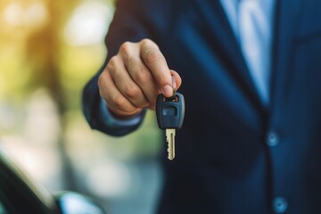 Businessman giving a car key. Getting new car concept.	