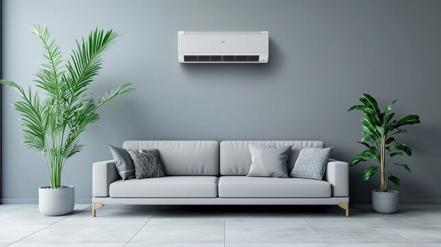modern living room with sofa, plants and an air conditioning unit