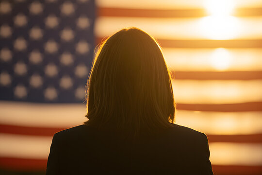 Confident Woman Standing in Front of American Flag: Empowering Portrait Symbolizing Leadership and Representation for Election Campaigns