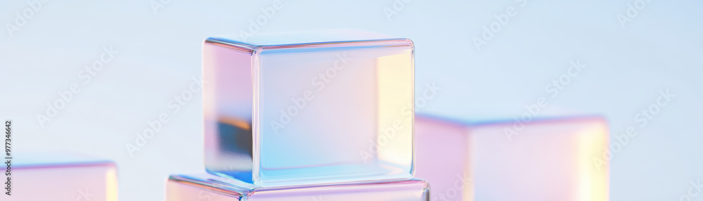 Poster abstract image of translucent glass cubes stacked against a soft gradient background, showcasing mod